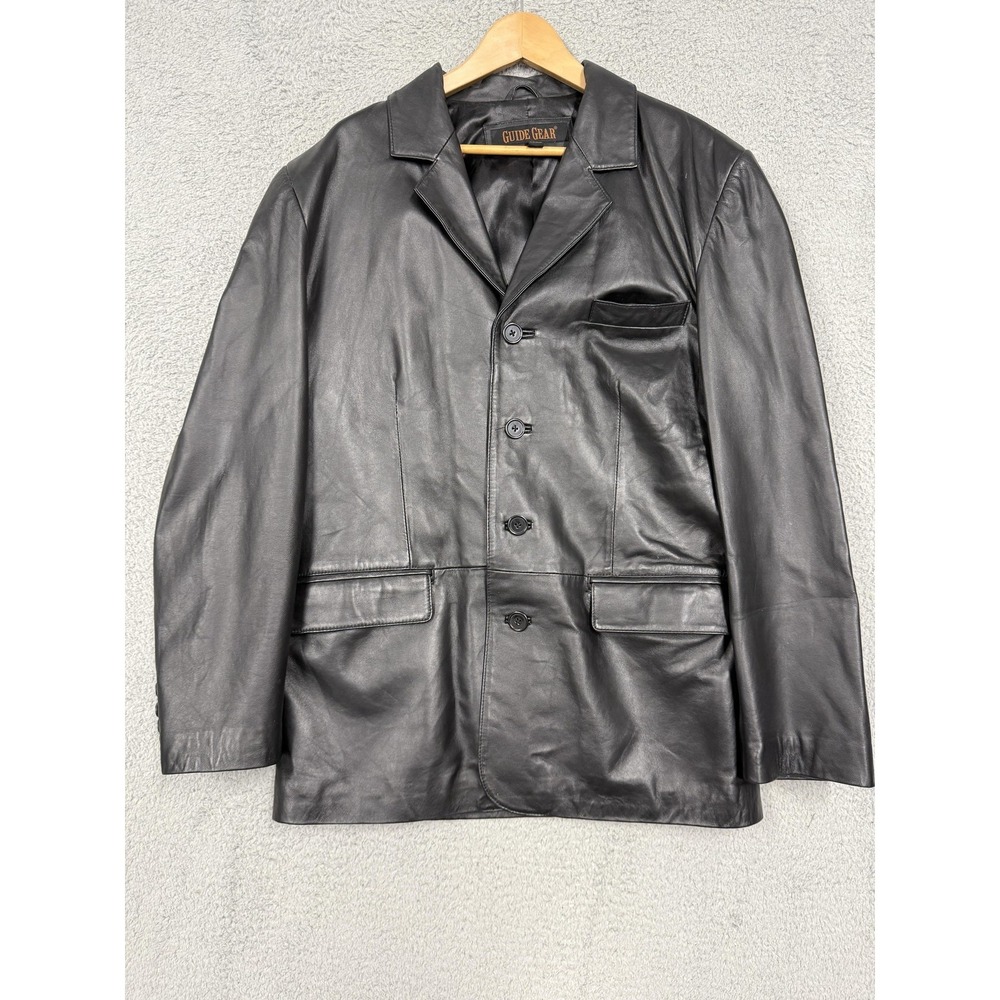Guide Gear Leather Blazer Jacket Mens Large‎ Black Genuine Button Up Coat Lined